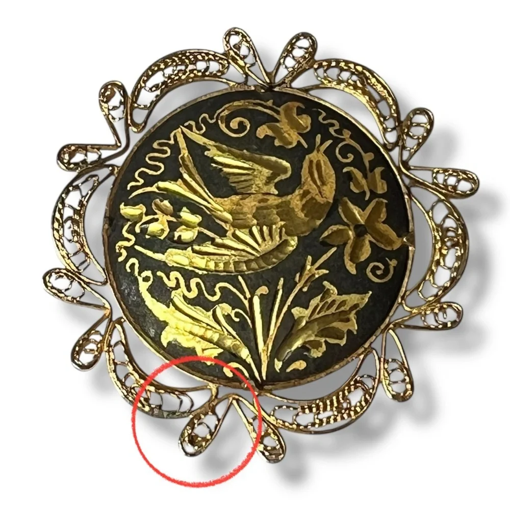 Damascene Round Bird Floral Filagree Gold Black Pin Brooch